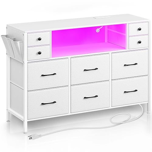 Rolanstar Dresser with Power Outlets and LED Lights, 10 Drawers Dresser with Side Pocket, Fabric Chest of Drawers with PU Finish, TV Stand with Wood Top for up to 55inch TV, White,XL - 119.9D x 34.8W x 89.9H cm (10 Drawers) - White