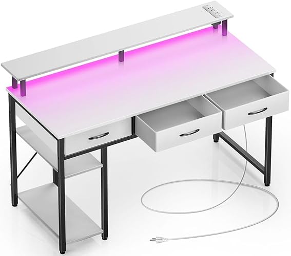 Rolanstar Computer Desk with Power Outlets & LED Light, 47 inch Home Office Desk with Drawers and Storage Shelves, Writing Desk with Monitor Stand, Modern Work Study Desk for Home Office,White - White - 47 inch