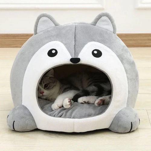 Cartoon Fox Theme Pet House - Gray & White / S