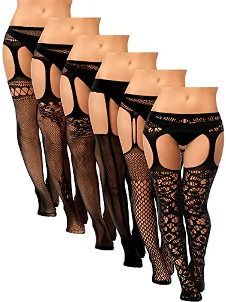 Skylety 6 Pairs Women Fishnet Thigh-High Stockings Tights Suspender Pantyhose Stockings for Women Girls