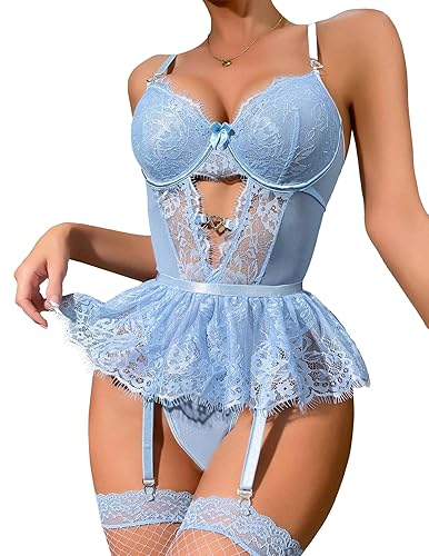 Alrovetoney Women Lingerie Set Naughty Lace Bodysuit High Waisted Underwire Lingerie Babydoll With Garter Belt and Stockings - Medium - Blue