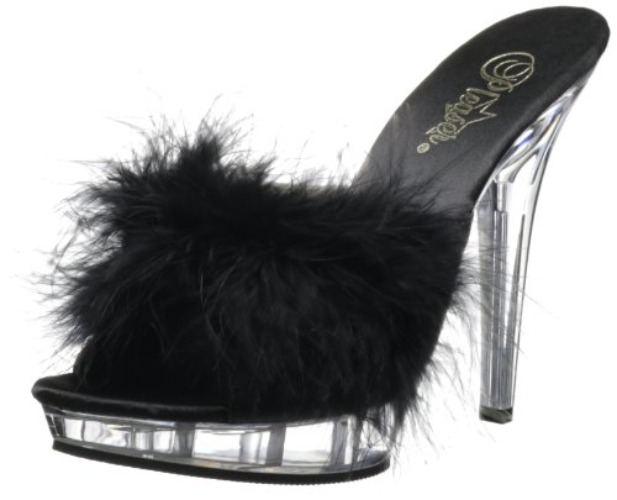 Fabulicious Women's Lip-101-8 Marabou Slipper - 7 - Black Satin-fur/Clear
