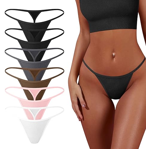 OQQ 6 Pack G-String Thongs for Women Cotton Panties Stretch T-back Tangas Low Rise Hipster Sexy Underwear S-XL - Medium - 2black,1grey,1coffee,1pink,1white