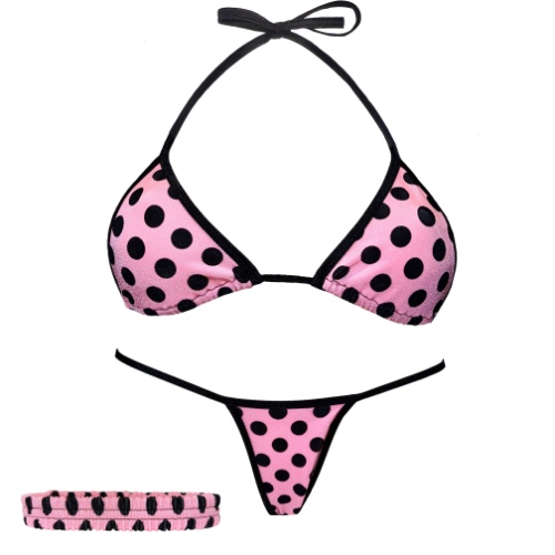 3 Piece Mini Kini & Matching Garter: Pink n' Black Polka Dots | XS-S