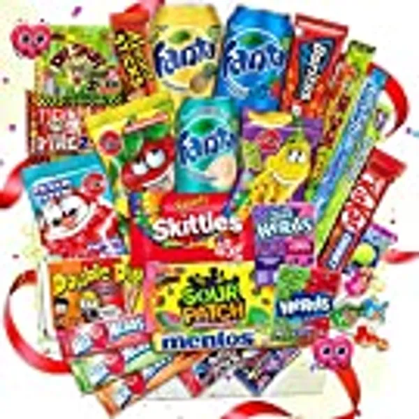 Amerikanische Süßigkeiten XXL Box 2,3 kg| 24+3 Teile gratis leckere USA Süssigkeiten Kennenlernbox - Candy Mix inkl. Getränke – Fanta – 7up Reeses, Hersheys, Pocky, Skittles Süßigkeiten aus aller Welt