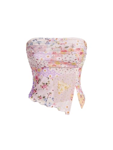 Milumia Women Floral Mesh Strapless Ruched Tube Top Split Hem Sleeveless Bandeau Crop Tops - Small - Floral Print Pink