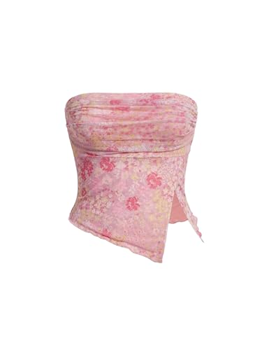 Milumia Women Floral Mesh Strapless Ruched Tube Top Split Hem Sleeveless Bandeau Crop Tops - Small - Pink