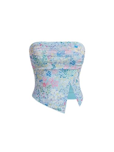 Milumia Women Floral Mesh Strapless Ruched Tube Top Split Hem Sleeveless Bandeau Crop Tops - Small - Floral Light Blue