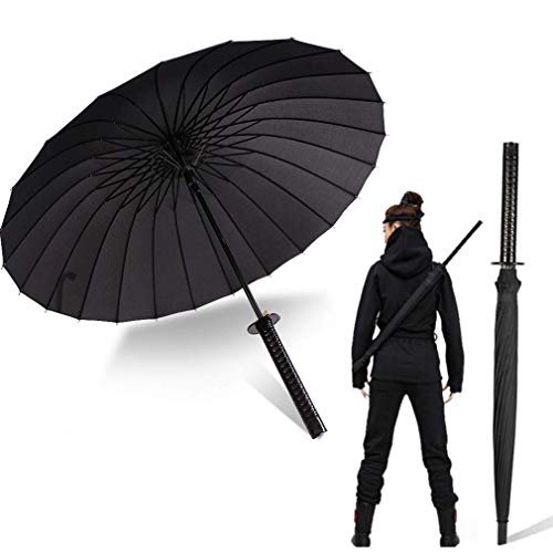 Regenschirm mit langem Griff, Samurai-Schwert, für den Außenbereich, Sonnen- und Regenschirm, winddicht, wasserdicht, personalisierbar, Anime-Schwarz, gerader Regenschirm, 16 oder 24 Rippen - 24Ribs