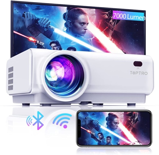 TOPTRO Mini Beamer, 7000 Lumen, WiFi Bluetooth Beamer Projektor, Support 1080P Full HD, mit HiFi-Lautsprecher, kompatibel mit TV-Stick/Handy/Laptop/DVD/PS4/SD/AV - Weiß