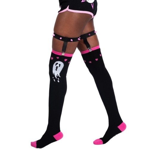 Ghost Hearts Thigh High Garter Socks - OS / Black/Pink