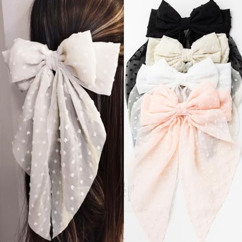 Large Hair Bows 4 PCS Ribbon Bow for Women,Hair Bows for Women,Hair Ribbons,Oversized Long-tail Cute Aesthetic Hair Accessories,Large Hair Barrettes for Women（Beige, light pink, white, black） - Beige, light pink, white, black