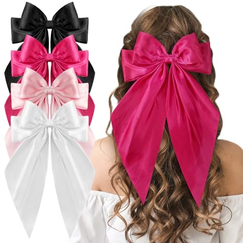Large Pink Hair Bows, 4 Pack Satin Hair Ribbons Bow Hair Clips, Oversized Long Tail Hair Bow Barrette Satin Hair Bows Cute Hair Accessories for Women Girls - Pink