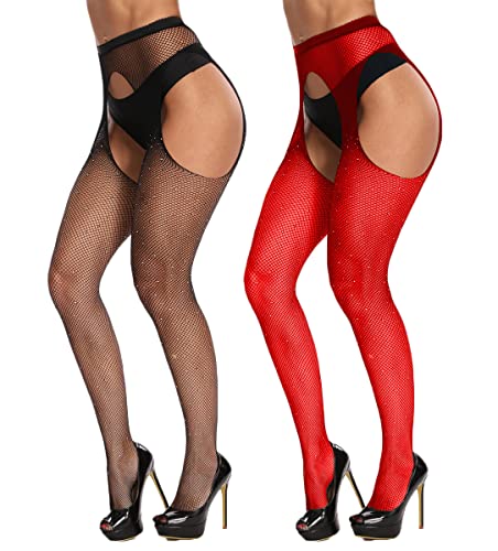 CURRMIEGO Womem's Sexy Black Fishnet Tights Plus Size Net Pantyhose Stockings - 1X-3X - Diamond_black and Red