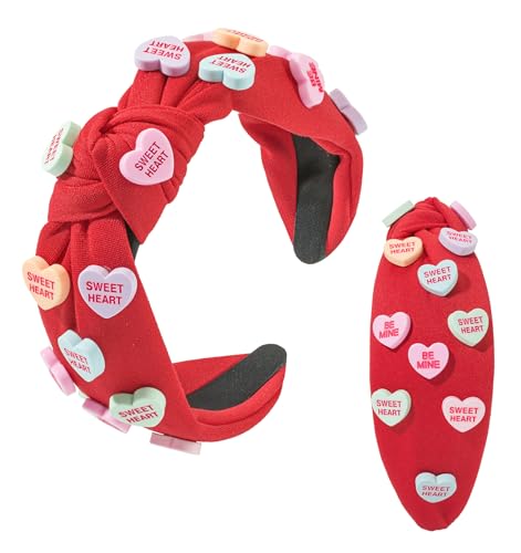 Valentine's Day Heart Candy Embellished Red Headband Conversation Love Heart Charm Knotted Headband Non Slip Wide Top Knot Fashion Hairband Hair Accessories Party Gift for Women Girls (red) - Valentine -red