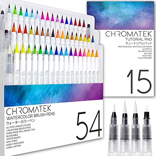 CHROMATEK 54 Watercolor Pens Set, Including 15 Page Pad & Online Video Tutorial Series, 4 Aquapens, 50 Unique Colors, Real Brush Pens, Easily Blended, Vivid, Smooth, Professional Art Supplies - 54 us