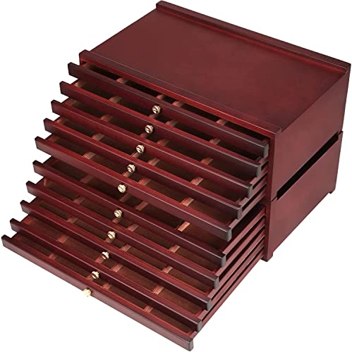 MEEDEN 10-drawer Wood Artist Supply Storage Box, Portable Beechwood Multifunctional Pencil Brush Organizer Wood Box with Drawer&Compartments for Pastels, Pencils, Pens, Makeup Brushes(Mahogany Color) - 10 Layer Drawers