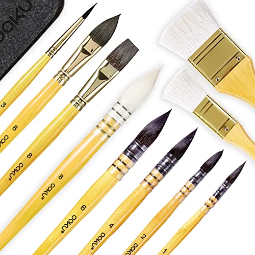 OOKU Professional Quill Brushes Watercolor Set - 10 Pc Real Squirrel Hair Blend Brushes for Consistent Flow - Short Handle Round Paint Brush for Artists, Painting, and Gouache - 10 PCS