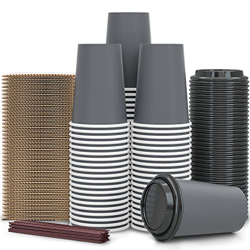 SPRINGPACK 【100 Pack - 12 oz Disposable Coffee Cups To Go with Lids Sleeves and Straws 100% Biodegradable & Compostable Pla Eco Friendly Paper Coffee Cups for Tea Coffee Hot Chocolate - Grey-12oz-100pack