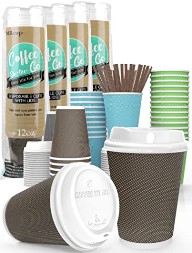 MRcup 12 oz Hot Beverage Coffee Cups with Lids and Straws, Insulated Triple Wall Leak/Heat free Disposable Anti-slip Togo Reusable Paper Cups, Brown [40 Packs] - Brown - 40