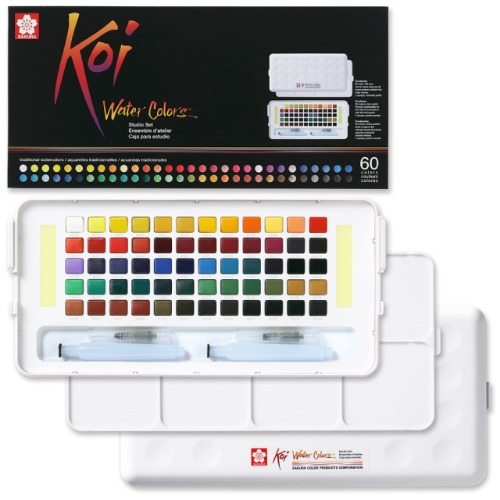 Sakura Koi Studio Kit - Watercolor Sets for Studio Art or Art On The Go - 60 Colors - 2 Water Brushes - 2 Sponges - 2 Palettes - 