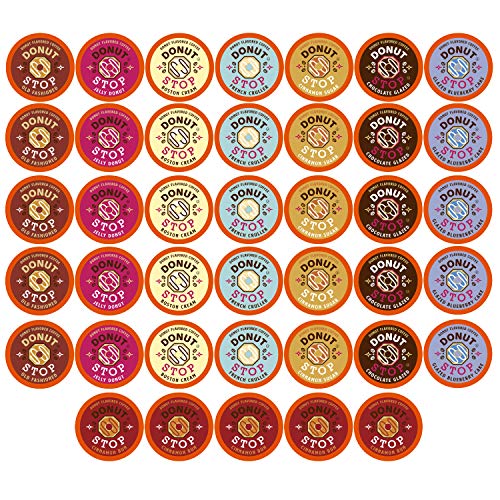 Donut Stop Flavored Coffee Pods, Compatible with 2.0 K-Cup Brewers, Donut Flavor Coffees, Assorted Variety Pack, 40 Count - Glazed Blueberry Cake, Cinnamon Bun, Cinnamon Sugar, French Cruller, Jelly Donut, Boston Cream, Chocolate Glazed, Old Fashioned - 40 Count (Pack of 1)