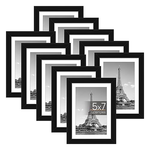 upsimples 5x7 Picture Frame Set of 10, 4x6 with Mat or 5x7 Without Mat, Multi Photo Frames Collage for Wall or Tabletop Display, Black - Black - 5x7
