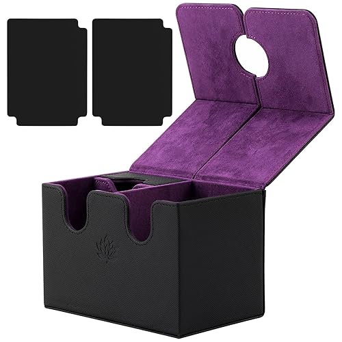 DaMohony Card Deck Box Holds 350+ Single Sleeved Cards PU Leather Magnetic Deck Box with Dice Tray for TCG CCG Magic Game Cards - Black&Purple - 350+