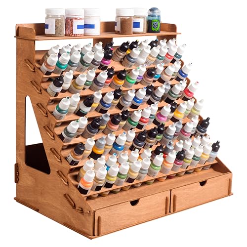 Plydolex Paint Organizer for 105 Paint Bottles and 14 Brushes - Paint Holder with 6 Miniature Stands - Paint and Brush Storage for Miniature Paints - Vallejo 105 holes