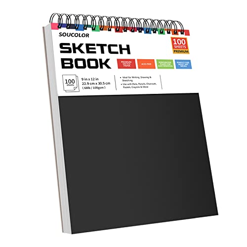 Soucolor 9" x 12" Sketch Book, 1-Pack 100 Sheets Spiral Bound Art Sketchbook, Acid Free (68lb/100gsm) Artist Drawing Book Paper Painting Sketching Pad - Black - 1 Pack