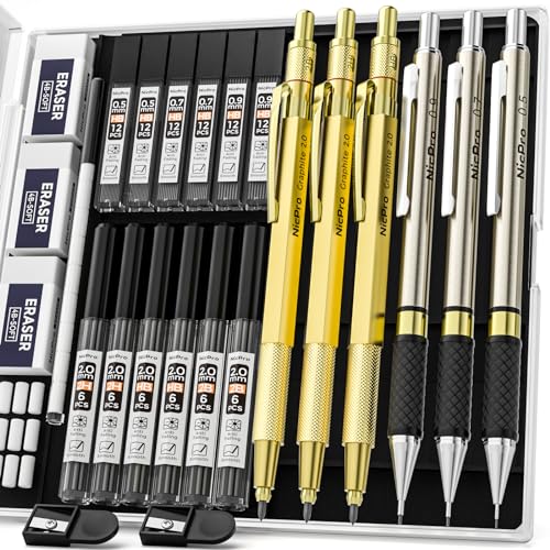 Nicpro Gold Art Mechanical Pencils Set, Metal Drafting Pencil 0.5, 0.7, 0.9mm & 2mm Lead Holder(2B HB 2H) For Sketching Drawing With Lead Refills Case - Gold