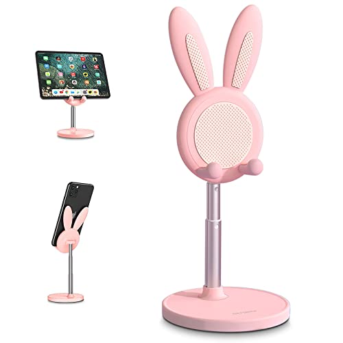 Cell Phone Stand,Angle Height Adjustable nediea Cell Phone Stand for Desk,Cute Rabbit Phone Holder Stand for Desk, Compatible with All Mobile Phones(4-10in) (Pink) - Pink