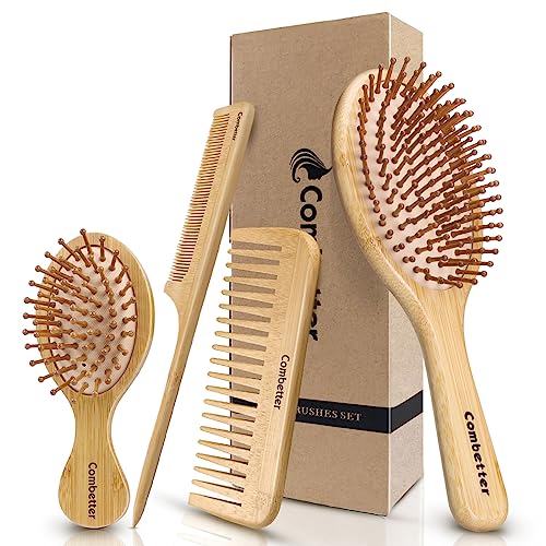 Combetter Bamboo Hairbrush and Comb Set - Natural Eco-Friendly Paddle Detangler with Scalp Massage for Women, Men, and Kids - Reduces Frizz and Promotes Healthy Hair Growth(4PCS) - Oval 4pcs