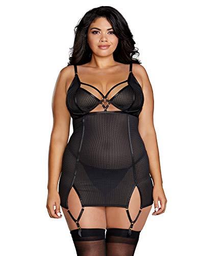DreamGirl Plus Size Fishnet Power Mesh Garter Slip Lingerie Donna - XXL Große Größen - Nero