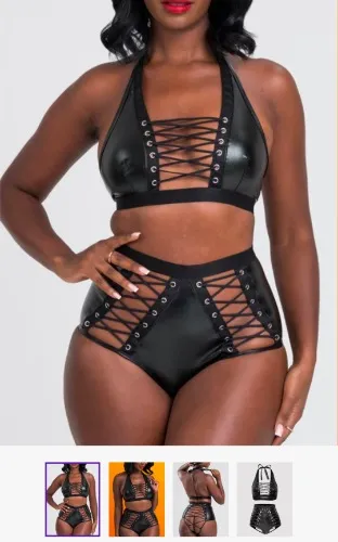 Leather-look lace up bra set