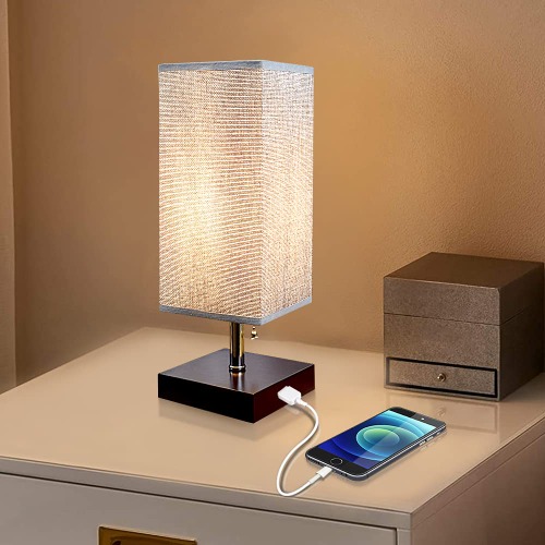 Depuley Bedside Table Lamp with USB, Desk Lamp for Bedroom, Living Room, Dorm, Kids Room, Hotel, Modern Bedside Lamp with Grey Square Fabric Shade (Bulb Included)