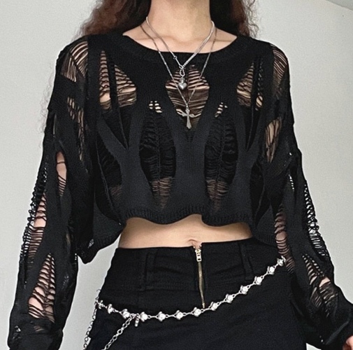 'Hollow' Black Goth Ripped 90's Grunge Long Sleeved Top - Black / S