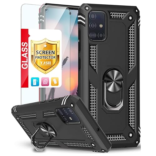 TJS Compatible with Samsung Galaxy A51 5G Case (Not Fit Galaxy A51 4G), with Tempered Glass Screen Protector Metal Ring Magnetic Support Kickstand Heavy Duty Drop Protector Phone Case (Black) - Black