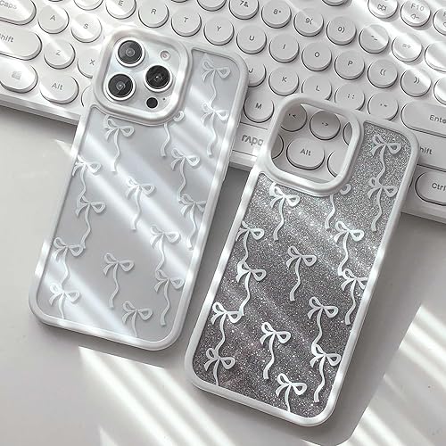 Yetagso Bow Case for iPhone 15 Pro Max,Clear Slim Fit Pretty Aesthetic Bow Phone Case Cover for Women Girl,Soft Frame Hard Back Non-Yellowing Glitter Shimmer Protective Bowknot Pattern Case,White - iPhone 15 Pro Max - White
