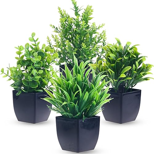 GREENTIME 4 Pack Fake Plants in Black Pot,Mini Artificial Eucalyptus Potted Plant,Small Faux Grass Greenery Potted Plants for Indoor Home Office Farmhouse Bathroom Table Decoration - Black-4-natural