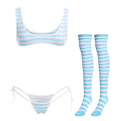 ABAFIP Women Cute Kawaii Anime Lingerie set Halter Strap Micro Bra Tiny Panty Garter Belt Striped Stockings 4Pcs Underwear - One Size - Blue - Wide Strap