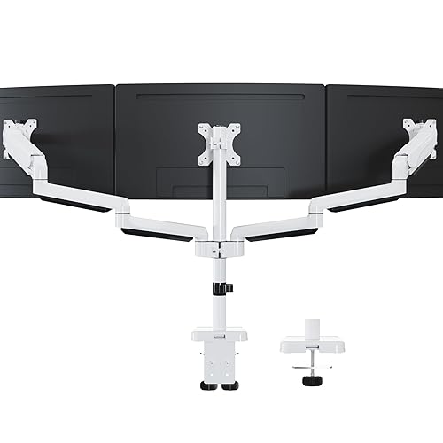 MOUNTUP Triple Monitor Mount, 3 Monitor Desk Mount for 17''-32'' Screens, Gas Spring 3 Monitor Arm Holds 4.4-19.8lbs, Triple Monitor Stand for Desk ,VESA Monitor Mount with Clamp/Grommet Base, White - White