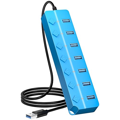 ONFINIO USB Hub 3.0, 7-Port USB Hub Splitter with Individual On/Off Switches and Lights, 3.2ft/1m Long Cable Compatible with MacBook, Laptop, Surface Pro, PS4, PC, Flash Drive, Mobile HDD-Blue - Blue