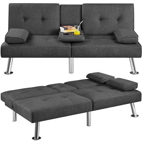 Yaheetech Convertible Sofa Bed Adjustable Fabric Couch Sleeper Modern Recliner Reversible Loveseat Folding Daybed Guest Bed, Removable Armrests, Cup Holders, 3 Angles, 772lb Capacity, Dark Gray - Dark Gray - Fabric