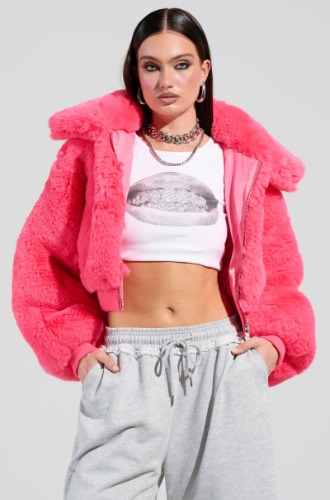 DREW FAUX FUR BOMBER IN HOT PINK | M