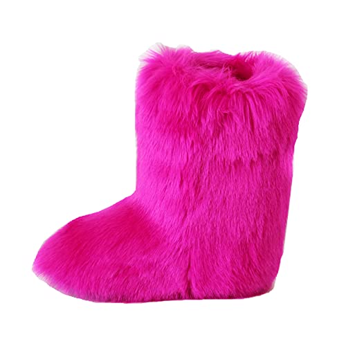 Gegefur Women's Faux fur Boot Furry Fluffy Short Snow Boot Mid-Calf Boots Warm Comfortable Outdoor Flat Shoes - Rose-1 - 10