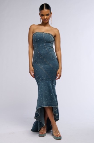 MY OWN MUSE HIGH LOW RHINESTONE DENIM MIDI DRESS | S