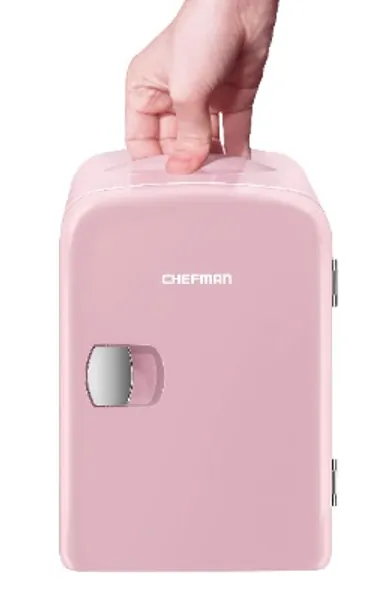 Chefman Mini Portable Pink Personal Fridge Cools Or Heats Provides Compact Storage For Skincare, Snacks, Or 6 12oz Cans W/ A Lightweight 4-liter Capacity To Take On The Go