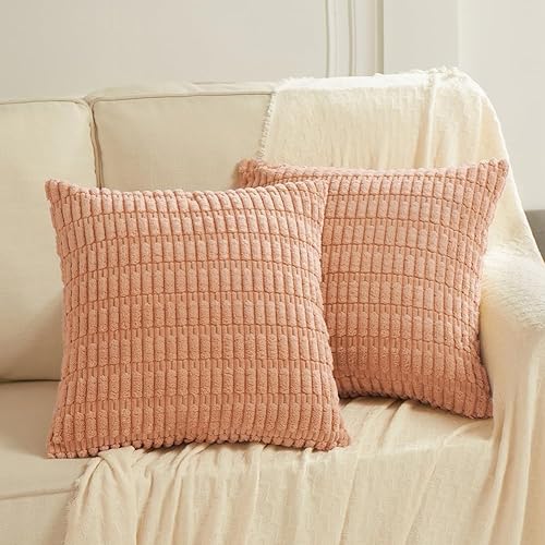 Fancy Homi 2 Packs Peach Farmhouse Decorative Throw Pillow Covers 20x20 Inch for Living Room Couch Bed Sofa, Rustic Boho Home Decor, Soft Striped Corduroy Square Cushion Case 50x50 cm - 20" x 20" (Pack of 2) - Peach