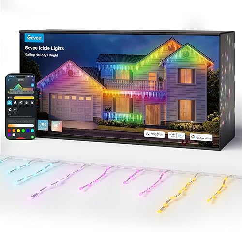 Govee Icicle Lights, Smart RGBIC Christmas Icicle Lights for Outside, 66ft with 800 LEDs Icicle Christmas Lights Outdoor, IP65 Waterproof, Music Sync, Voice Control, 78+ Scene Modes for Holiday Decor - 66ft